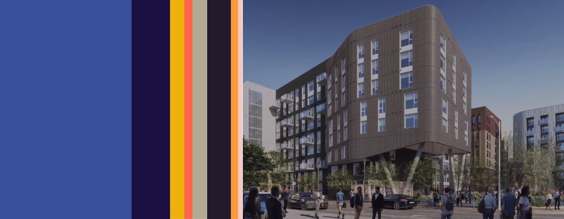 edited graphic showing property colors beside a rendering of the property building from a street view